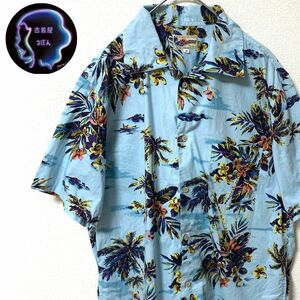 Sowa 半袖柄シャツ アロハシャツ ライトブルー 花柄 ウッドボタン 古着 ハワイアン M ヴィンテージ 総柄