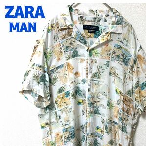 ZARA MAN 半袖柄シャツ 総柄 古着 レーヨン アロハ オープンカラー 風景画 ハワイアン M