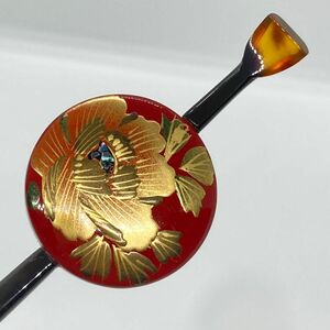 岳風　べっ甲　平打ち　螺鈿金蒔絵　牡丹　1本挿　かんざし　簪