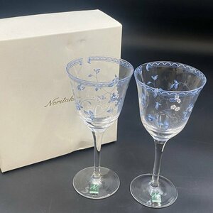 G0922 未使用保管品 Noritake ノリタケ クリスタル ワイングラス ペア　ブルー系花柄　フラワー　レア希少品