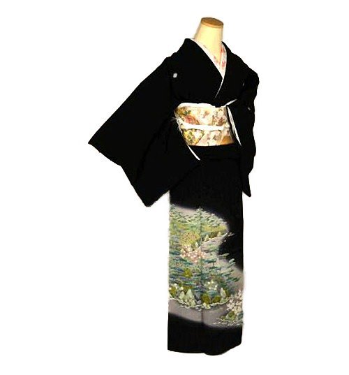 Tomesode negro usado, calidad superior, como nuevo, Kenichi Matsumoto, artista de Kyokaga Yuzen, teñido con halo, pintado a mano, con alas, limpiado, longitud 158, 5 cm, longitud de la manga 64cm T3101, moda, kimono de mujer, kimono, tomesode