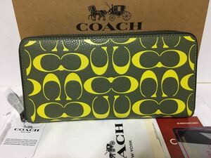 【未使用・送料無料】COACH 長財布★ラウンドファスナー★コーチシグネチャーモスグリーン×イエロー★CA298