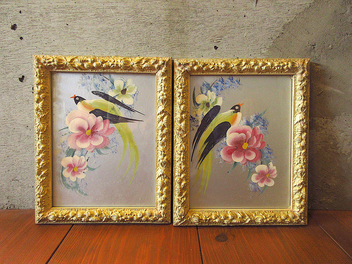 Vintage-50's●Marco de madera golondrina x arte floral colgante de pared juego de 2 piezas●230911k7-sign -Imagen de los años 50 exhibición interior de flor de golondrina, obra de arte, cuadro, otros