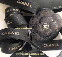 CHANEL◆シャネルリボン1m +カメリアシール1枚 ココマーク入り ほぼ黒地/濃紺にツィード柄 ゴールドロゴ カメリアステッカー リボン100cm_画像2