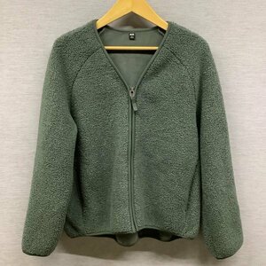 I28 UNIQLO ボア フリース Vネック フルジップ カーディガン L グリーン系 オリーブ ライトアウター レディース カジュアル ユニクロ