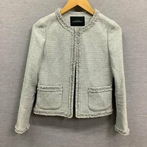 I704 UNITED ARROWS green label relaxing フリンジ ツイード ノーカラー ジャケット 34 グレー GLR グリーンレーベル リラクシング