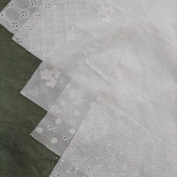 刺繍フラワーホワイトコットン5種6枚セットプラスおまけ半端布３種