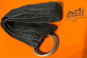 HERMES エルメス　ダブルリングベルト　リネン　デニム　シルバー色金具　　