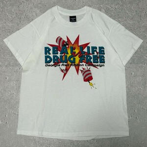 【古着】90年代 アメリカ製 USA製 アート系ロゴ ヴィンテージ プリントTシャツ 袖裾シングルステッチ 半袖 ホワイト ゆったり Lサイズ