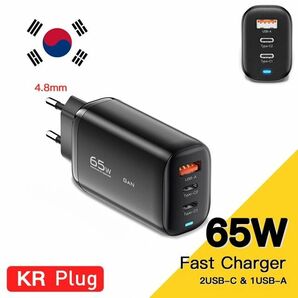 Essager GAN PD充電器 MAX65W 3ポートType-C & A Black KRアダプタ付　新品