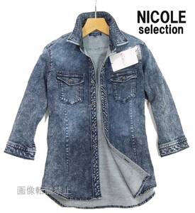 新品 ▲ ニコル 七分袖 ストレッチ デニム シャツジャケット 46/M　ウォッシュネイビー デニムシャツNICOLE selection