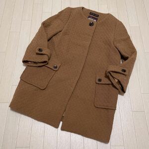 和8★ Green Label Relaxing Shetland WOOL グリーレーベルリラクシング ノーカラーコート 比翼ボタン 38 レディース ブラウン