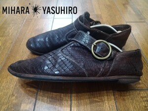 【ジャンク】MIHARA YASUHIRO ミハラヤスヒロ 三原康裕 コレクションピース ねじれシリーズ ストラップ 型押しスリッポン 最終価格　