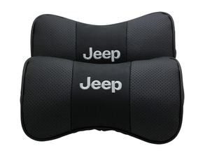 ジープ JEEP 車用ネックパッド 首クッション 2個セット ヘッドレスト ネックピロー ドライブ レザー 刺繍ロゴ ブラック