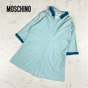 MOSCHINO モスキーノ 切替カラーシャツ ブラウス トップス スパンコール 五分袖 イタリア製 ライトブルー サイズ38*HC1293