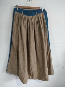 45R リネンギャザースカート 2-M ベージュ　サイドライン　インディゴ
