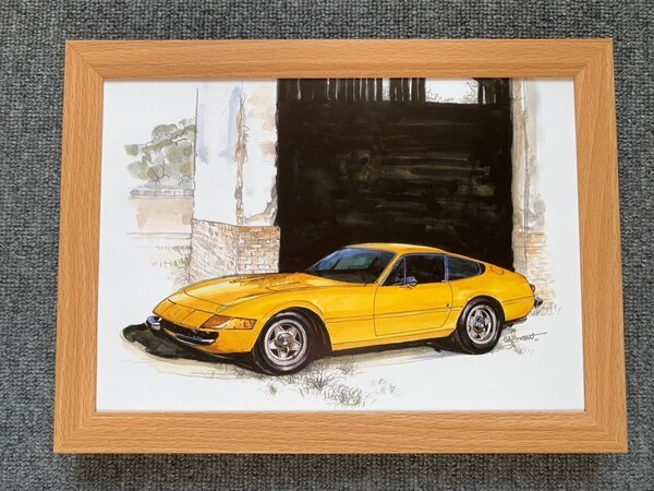 ■BOW。池田和弘『Ferrari 365GTB/4 Daytona』B5サイズ 額入り 貴重イラスト 印刷物 ポスター風デザイン 額装品 アートフレーム 旧車