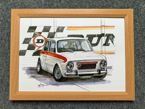 ■BOW。池田和弘『Fiat Abarth OT 2000 Mostra』B5サイズ 額入り 貴重イラスト 印刷物 ポスター風デザイン 額装品 アートフレーム 旧車