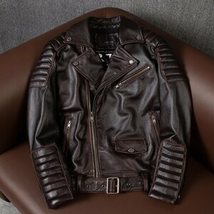 ハレーバイクレザージャケット 上品　本革 高級　牛革　ユーズド加工ライダースジャケット 革ジャン Ｓ～5XL　秋冬