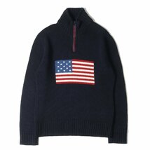 POLO Ralph Lauren ポロ ラルフローレン ニット サイズ:S 星条旗 ハーフジップ タートルネック コットン ニット セーター USA製 ネイビー_画像1