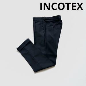INCOTEX インコテックス SUPER100's ウール パンツ 44 ネイビー 紺 1プリーツ スリムフィット サイドアジャスター スラックス 正規 秋冬