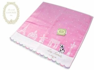 [35]スクレ・ラデュレ タオルハンカチ フレンチブルドッグの刺繍 ピンク地 綿100％ 28cm レディス