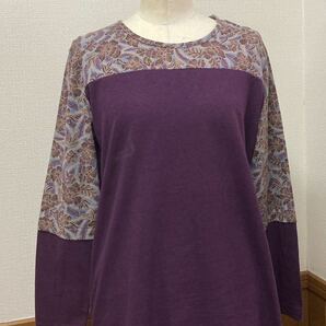 ハンドメイド*切替長袖コットンTシャツ 紫系 フリーサイズの画像1