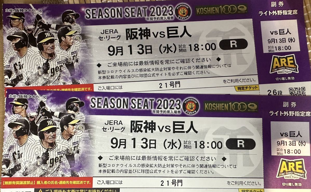 9月9日 9/9(土) 阪神vs広島 14:00開始 グリーンシート ペア 2席 甲子園球場 中止補償有