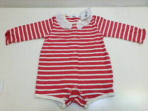 n301u　未使用　新品　べべ　80サイズ　長袖ロンパース　襟付き　赤ボーダー　女の子　ベビー服　赤ちゃん　タグ付き