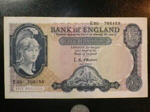 イギリス/UK Bank of England ５Pounds 1957-63年 サイン:オブライアン E-30 美品ー