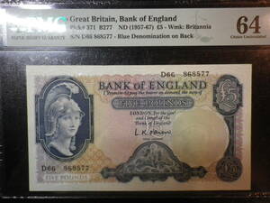 レア！イギリス/UK Bank of England 1957-67年 5Pounds 未使用（PMG64）P-371 Wm：Britannia 