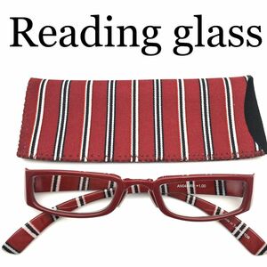 カジュアルなストライプ柄　ダテメガネのようなおしゃれな老眼鏡　輪郭を選びにくいスクエアタイプ　お揃いのソフトケース付　ボルドー