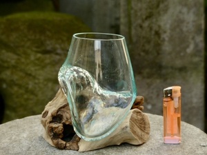 吹きガラスの花瓶+流木台座 15cm アクアリウム水槽 テラリウム ガラスオブジェ メダカ鉢　玄関飾り　0829d