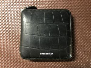 BALENCIAGA ヴィル ラウンドファスナー財布 メンズ レザー ブラック クロコダイル型押