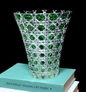 オールド・バカラ (BACCARAT) 上級作品 ディアマン・ピエーリー 緑色装飾 大型 花瓶 壺 春海商会 アンティーク 切子 グリーン ギヤマン