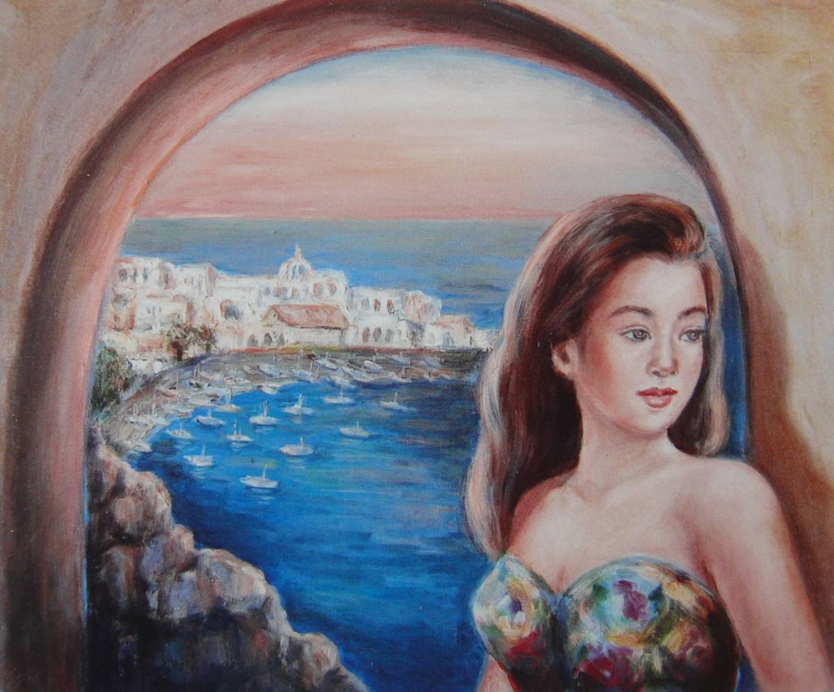 Woman Overlooking the Aegean Sea, May Midori, Rare art books and framed paintings, New Japanese frame, In good condition, free shipping, Artwork, Painting, Portraits
