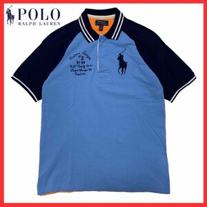 POLO Ralph Lauren ラルフローレン ビッグ ポニー ラグラン ショルダーパッチ 切替 ロゴ ワッペン 刺繍 プリント 半袖 鹿の子 ポロシャツ L