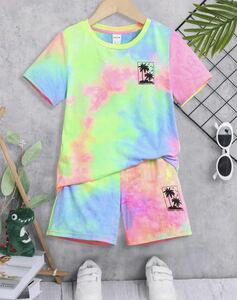 ★ Новый неиспользованный предмет Kids Setup и Down Set ★ 105CM -110CM Tie Dai Pattern Squeezing Dyeing Graphic T -Fish &amp; Shorts