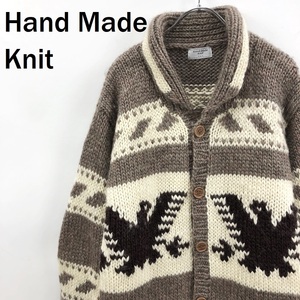 【人気】Hand Made Knit 長袖ニット カーディガン カウチンニット ワシ ウール100％ ベージュ アイボリー サイズL/S6014