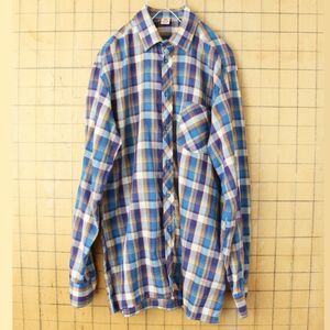 70s 80s EURO Otex 長袖 チェックシャツ ブルーML aw104