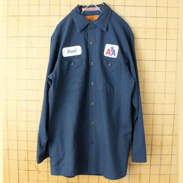 80s90s USA ARATEX ワッペンワークシャツ ネイビーM aw126