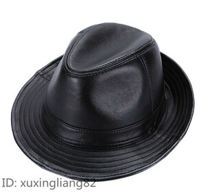 新品　本革　羊革　ソフト帽子 メンズ　イギリス風　ジャズ帽　紳士　男性 中折れハット 黒