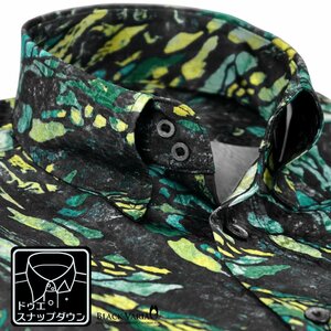 231901-gr BlackVaria サテンシャツ ドゥエボットーニ ステンドグラス ドレスシャツ 長袖スナップダウン ジャガード メンズ(グリーン緑) L
