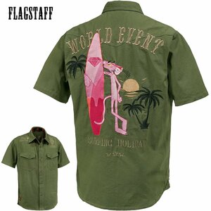 432044-85 ピンクパンサー PINK PANTHER ワークシャツ リップストップ mens メンズ サーフボード 半袖シャツ(カーキ緑) FLAG STAFF XXL