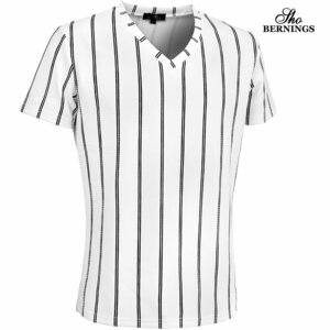 319032-01 Bernings sho Tシャツ Vネック ダブルストライプ シンプル 半袖 mens メンズ(ホワイト白) きれいめ カジュアル M
