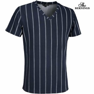 319032-70 Bernings sho Tシャツ Vネック ダブルストライプ シンプル 半袖 mens メンズ(ネイビー紺) きれいめ カジュアル L