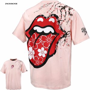 523565-027 THE ROLLING STONES ローリングストーンズ 半袖Tシャツ リップアンドタン 桜 刺繍 メンズ クーネック コラボ(ピンク桃) L