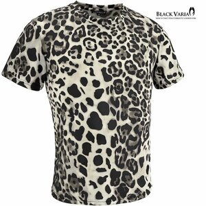 233156-gybr BlackVaria Tシャツ クルーネック ヒョウ柄 豹 レオパード 日本製 派手 スリム ストレッチ 半袖 mens メンズ(グレー灰) L