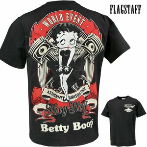 432021-20 FLAG STAFF ベティブープ BettyBoop 刺繍+プリント 半袖Tシャツ クルーネック mens アメカジ Tシャツ メンズ(ブラック黒) XXL