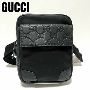 497【極美品】GUCCI グッチ ボディバッグ ウエストポーチ ショルダーバッグ 斜め掛け シマレザー ナイロン ブラック 黒 メンズ レディース